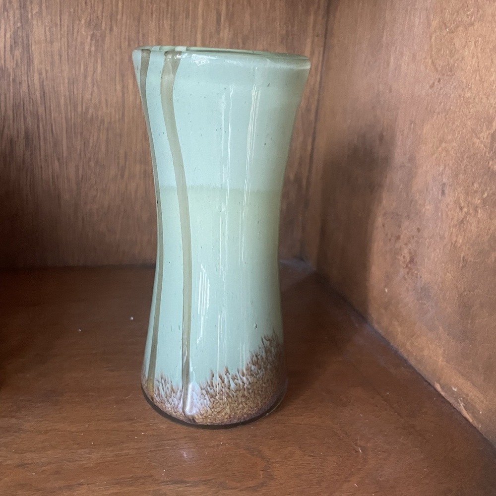Vintage MCM Style Heavy Handblown Sage Green & Brown Art Glass Vase- 6 1/4" Tall